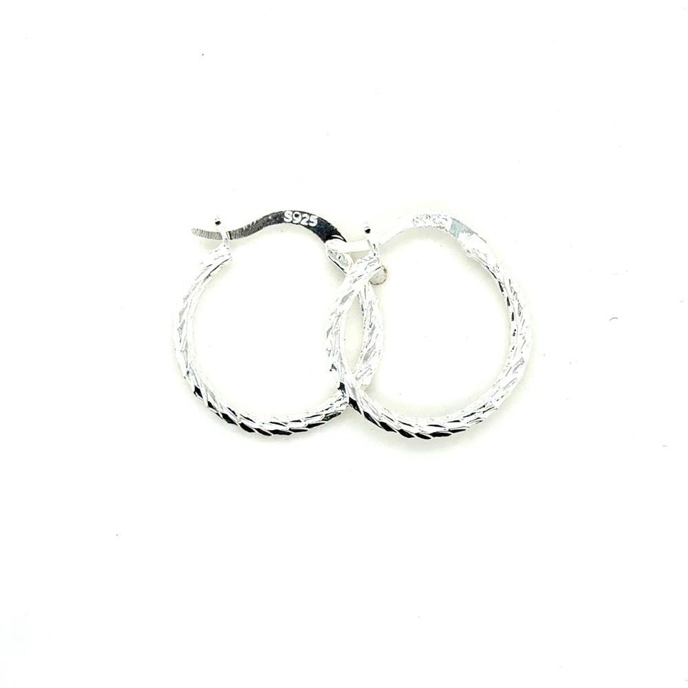 Sterling Silver 925 Diamond Cut Textured Hoop Earrings Latch Back